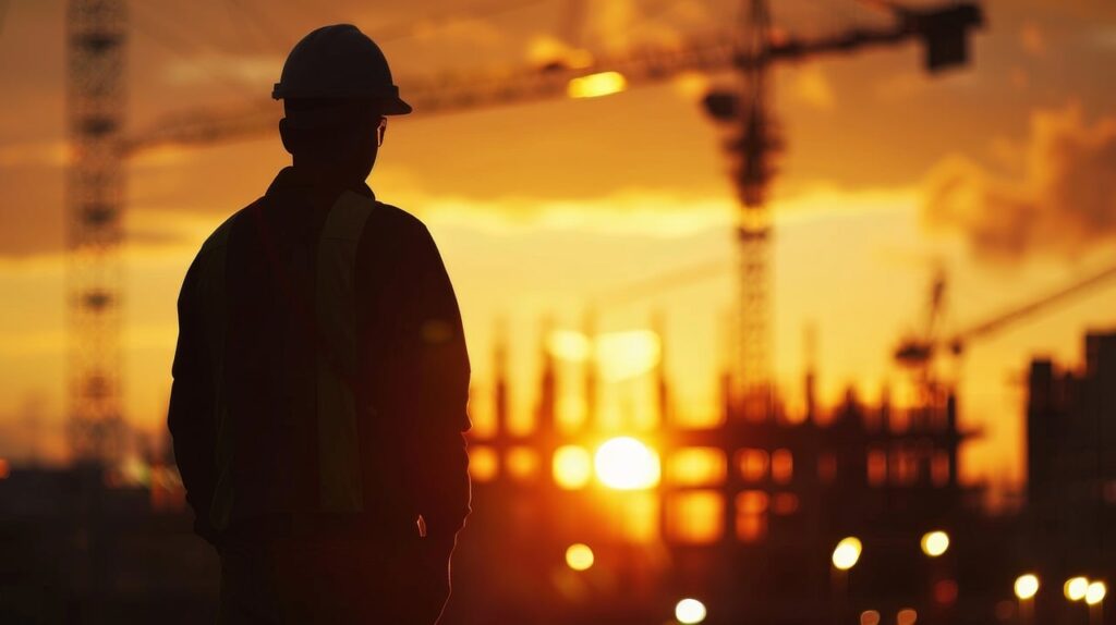 A New York City construction manager reviewing safety plans with workers at a busy job site